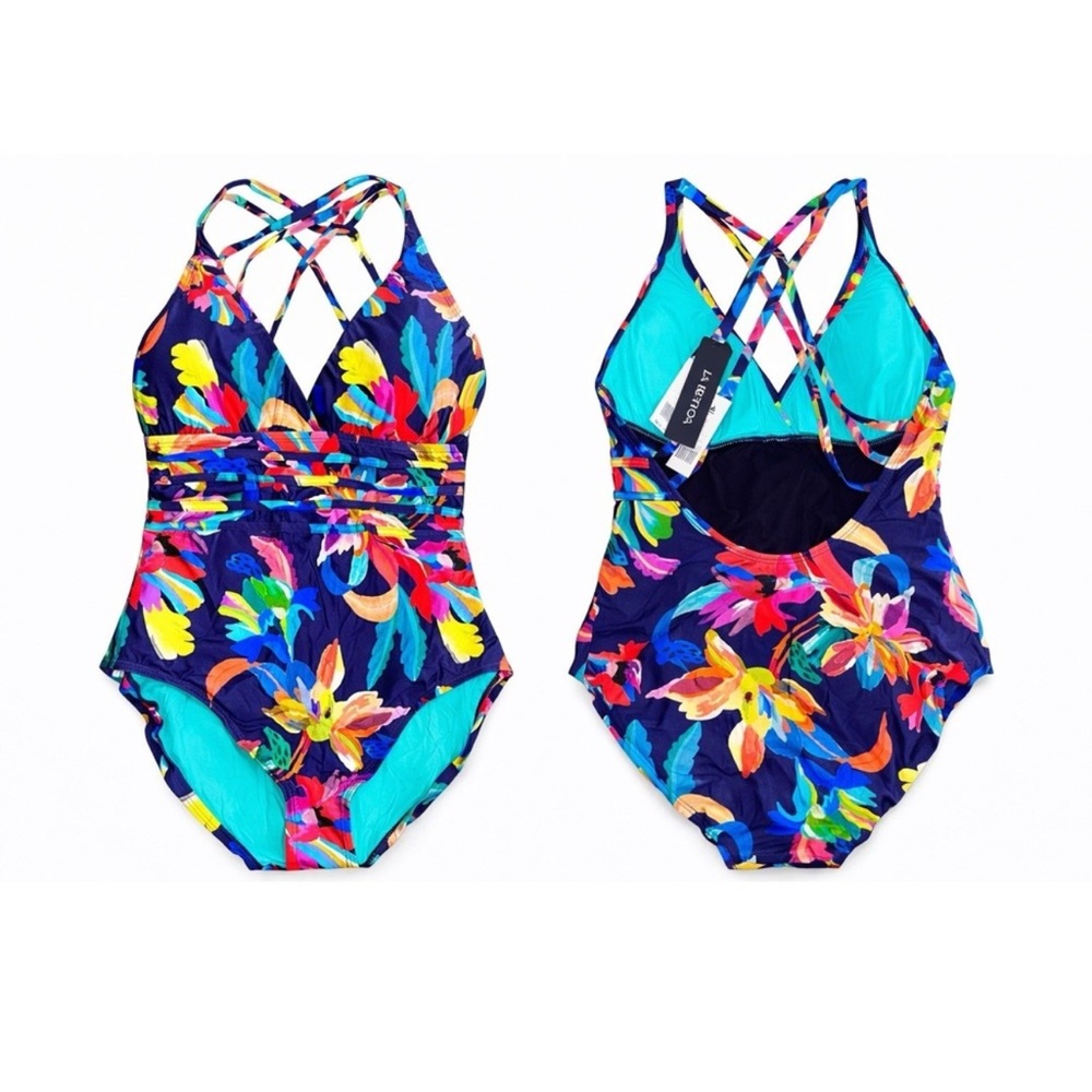 NWT La Blanca Swimsuit One Piece Womens 14 Blue Floral UPF 50+ V-Neck